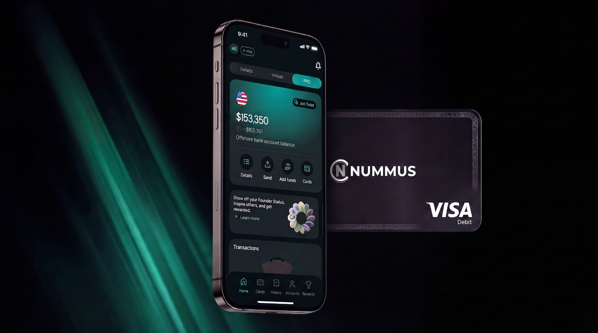 Nummus app showing offshore bank account balance next to a Nummus Visa Debit card