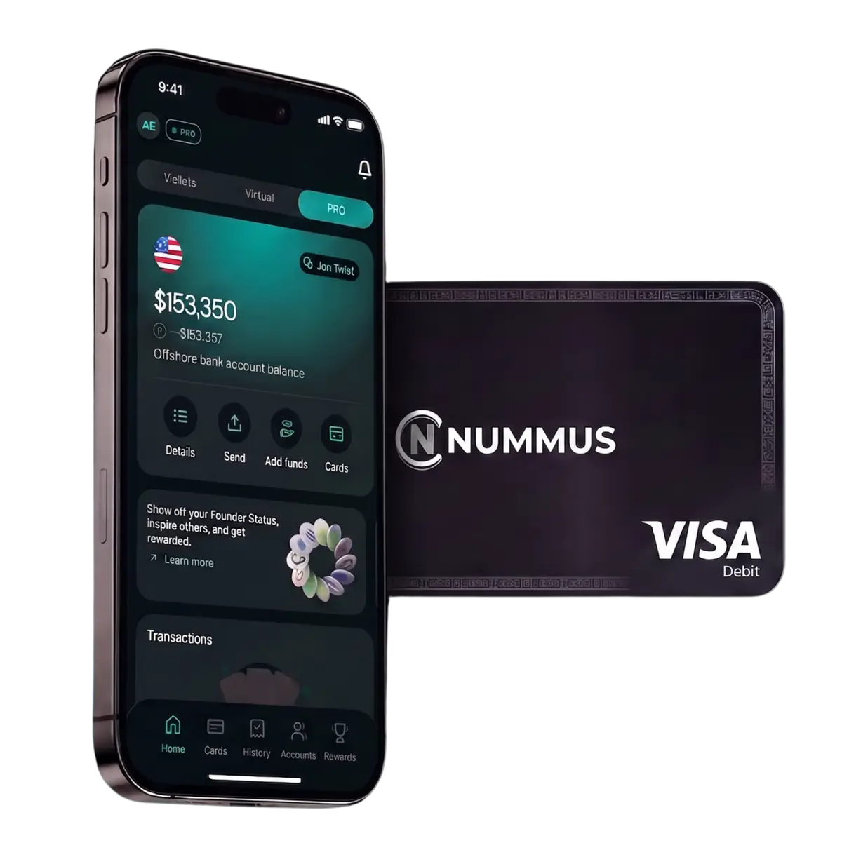 Nummus app showing offshore bank account balance next to a Nummus Visa Debit card