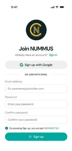 Nummus app screen 1