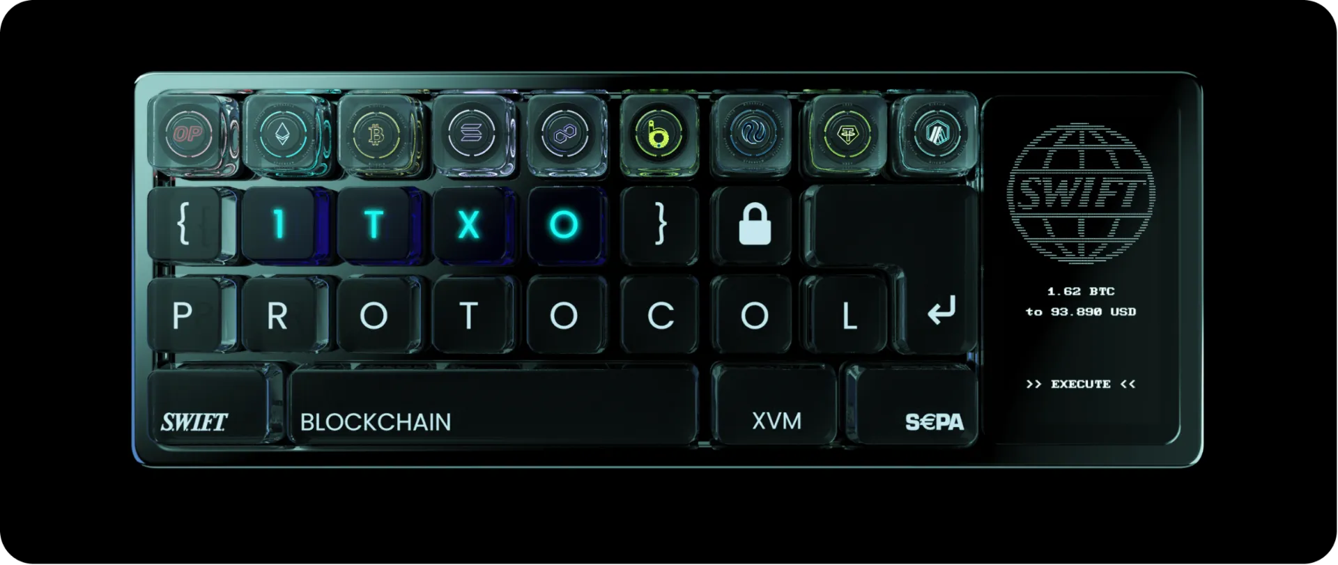 1TX0 protocol keyboard with blockchain and SWIFT keys