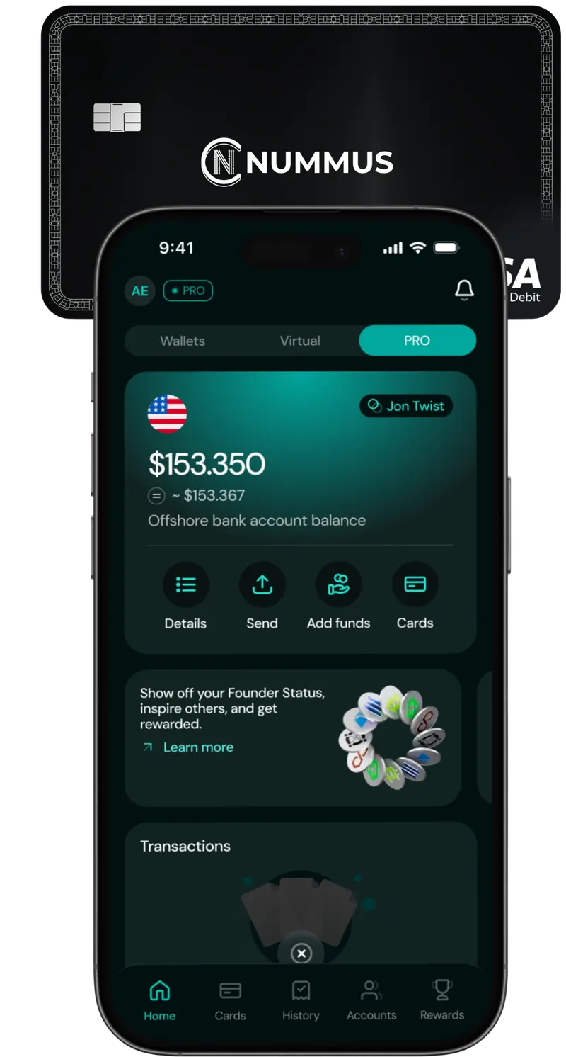 Nummus app showing offshore bank account balance next to a Nummus Visa Debit card